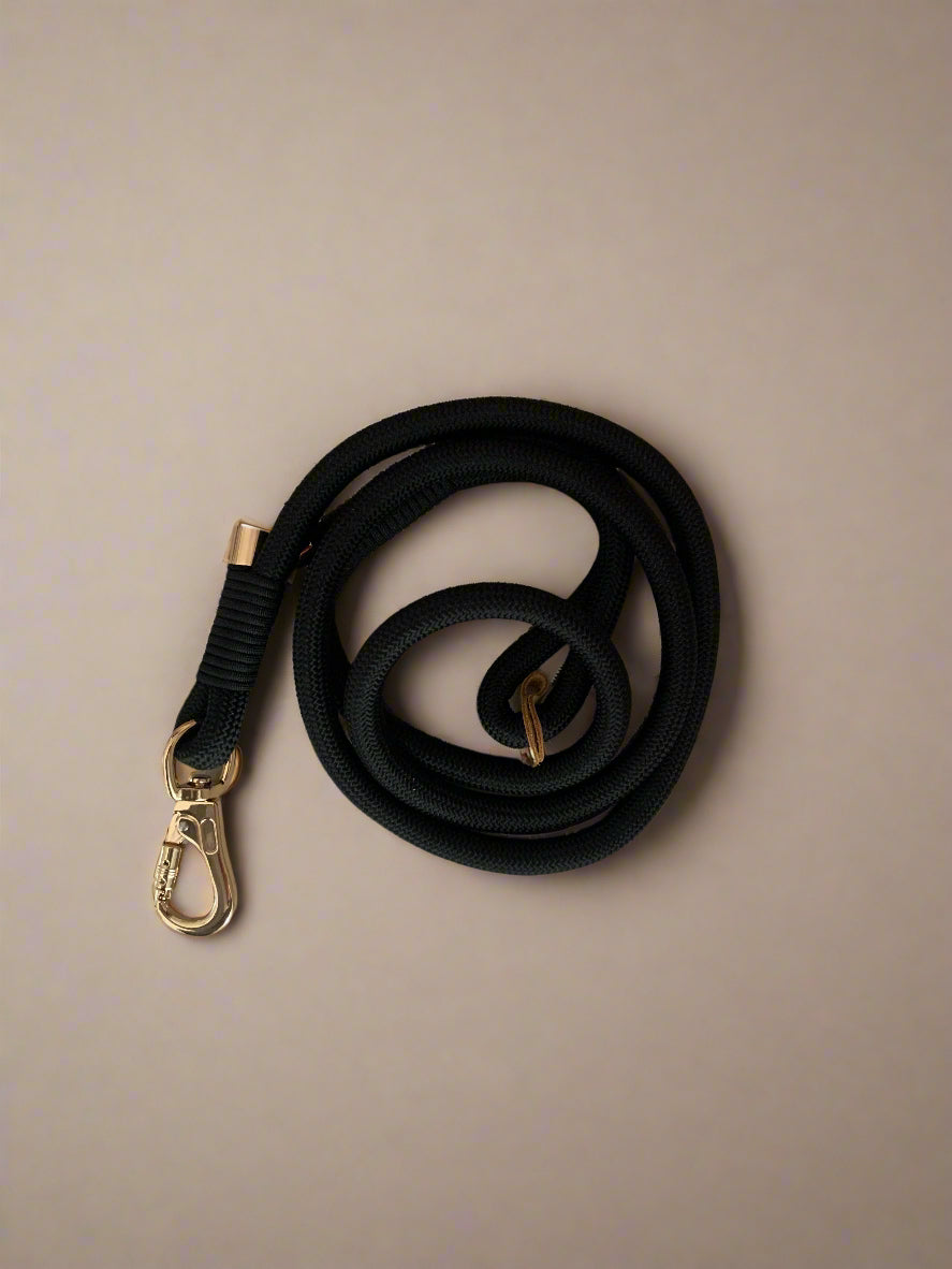 Black dog leash with a gold clasp on a light wooden surface