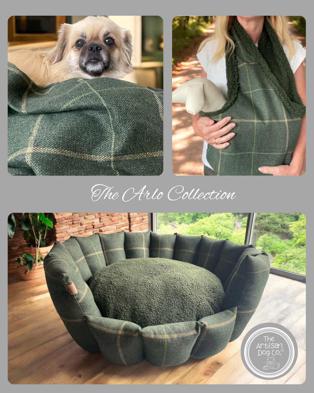 Handcrafted, luxury puppy/small dog carrier/sling - Forest Green Check - The Arlo Collection