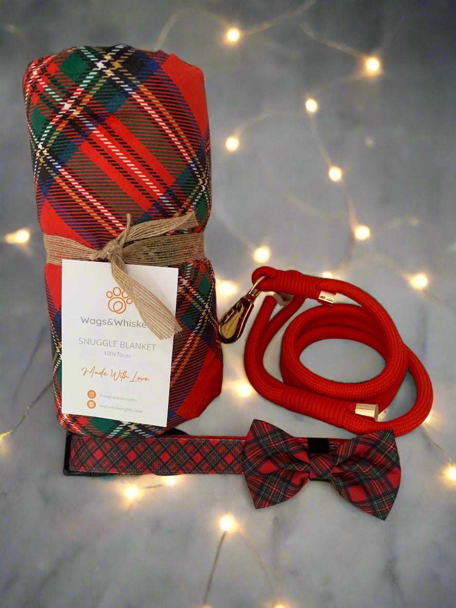 Dog accessory set with red plaid snuggle blanket , leash, collar and bow tie