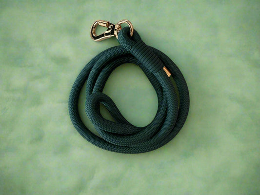 Green dog leash with a gold clasp on a light wood surface