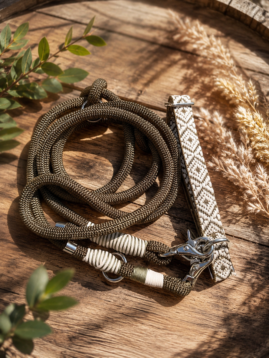 Khaki Jacquard Dog Collar & Multiway Leash Set