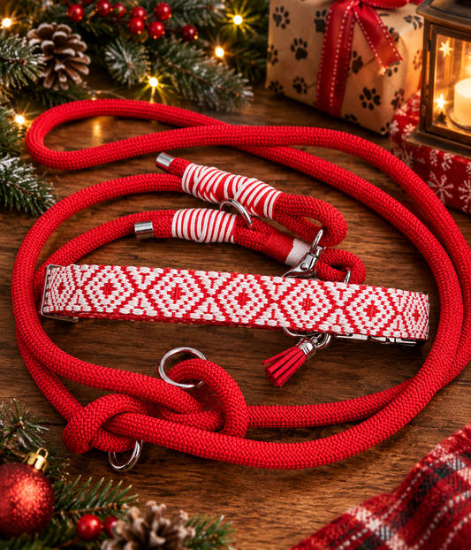 Red Jacquard Dog Collar & Multiway Rope Leash Set
