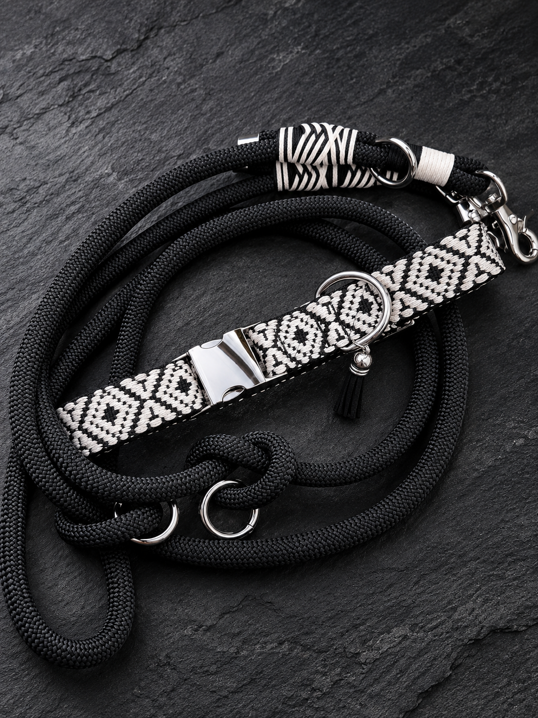 Black Jacquard Dog Collar & Multiway Rope Leash Set