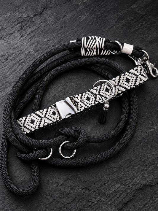 Black Jacquard Dog Collar & Multiway Rope Leash Set