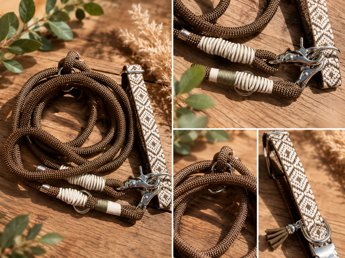 Khaki Jacquard Dog Collar & Multiway Leash Set