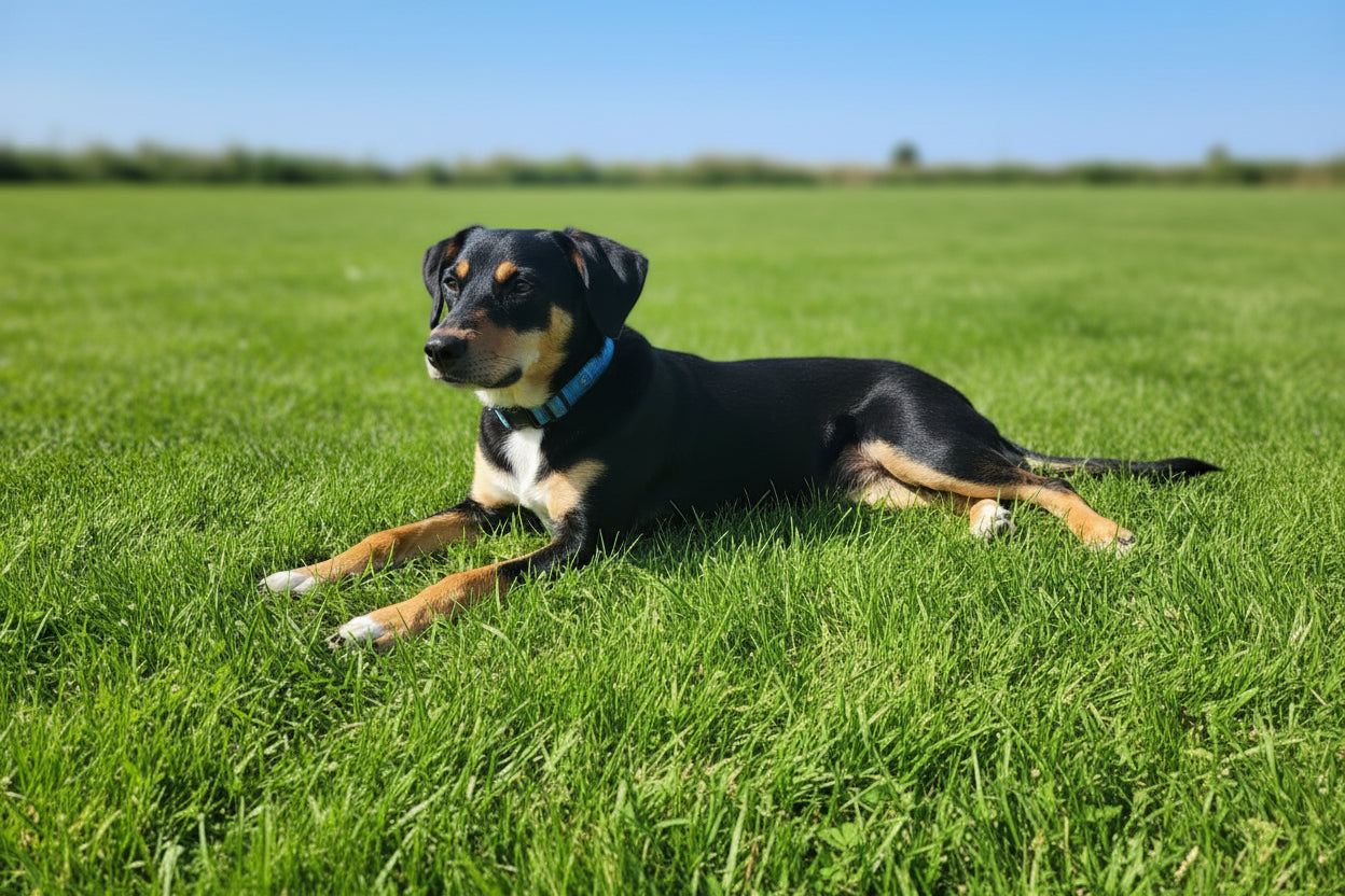 Dog lying on grass 