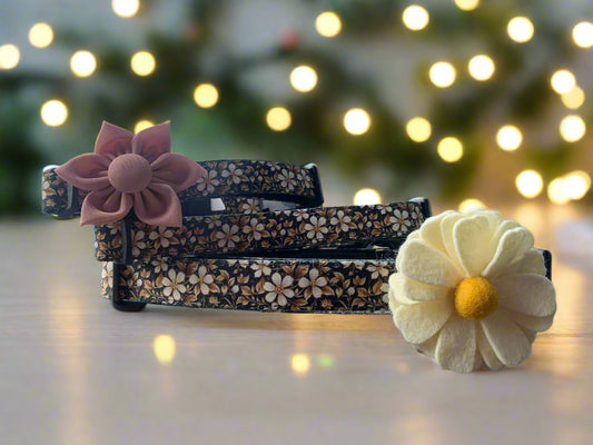 Decorative dog collar in black, gold and ivory floral design
