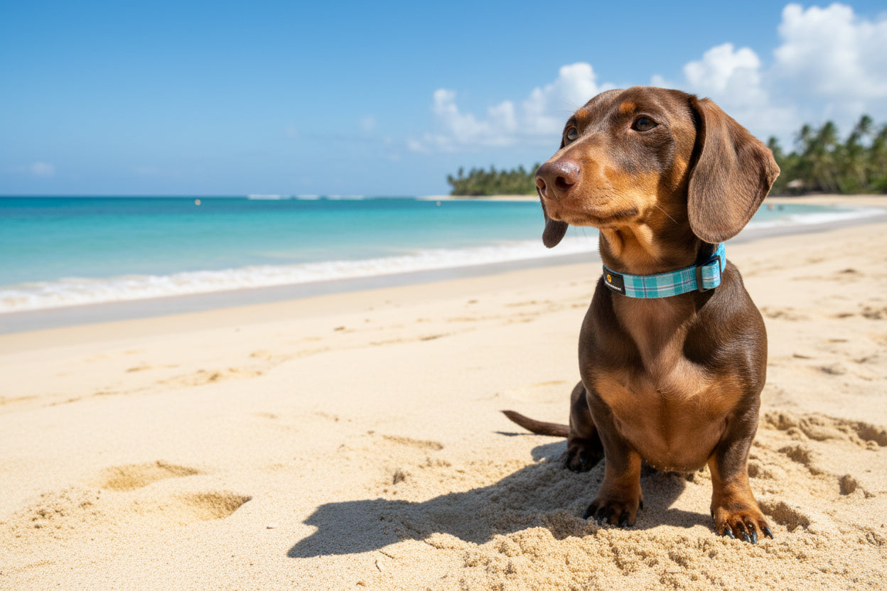 Dachshund wearing a blue collar on a sandy beach