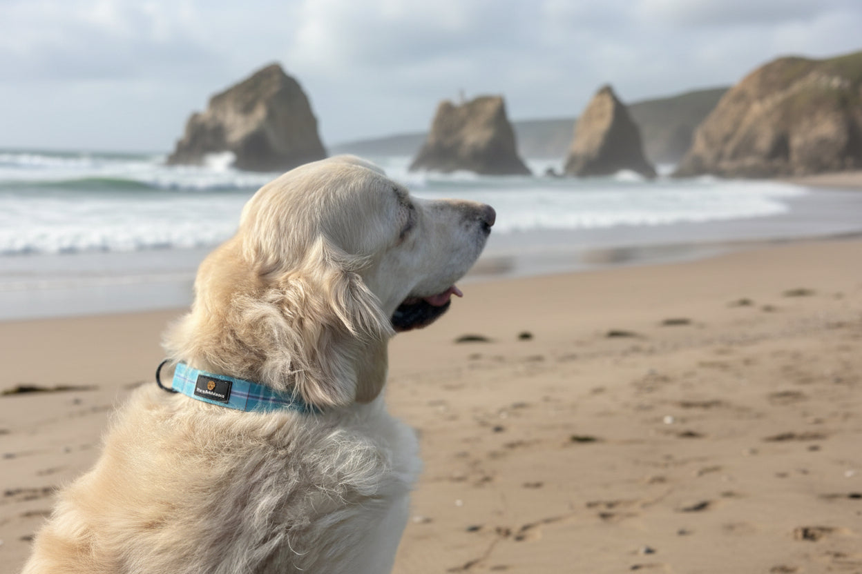 Golden Retriever on beach in blue collar