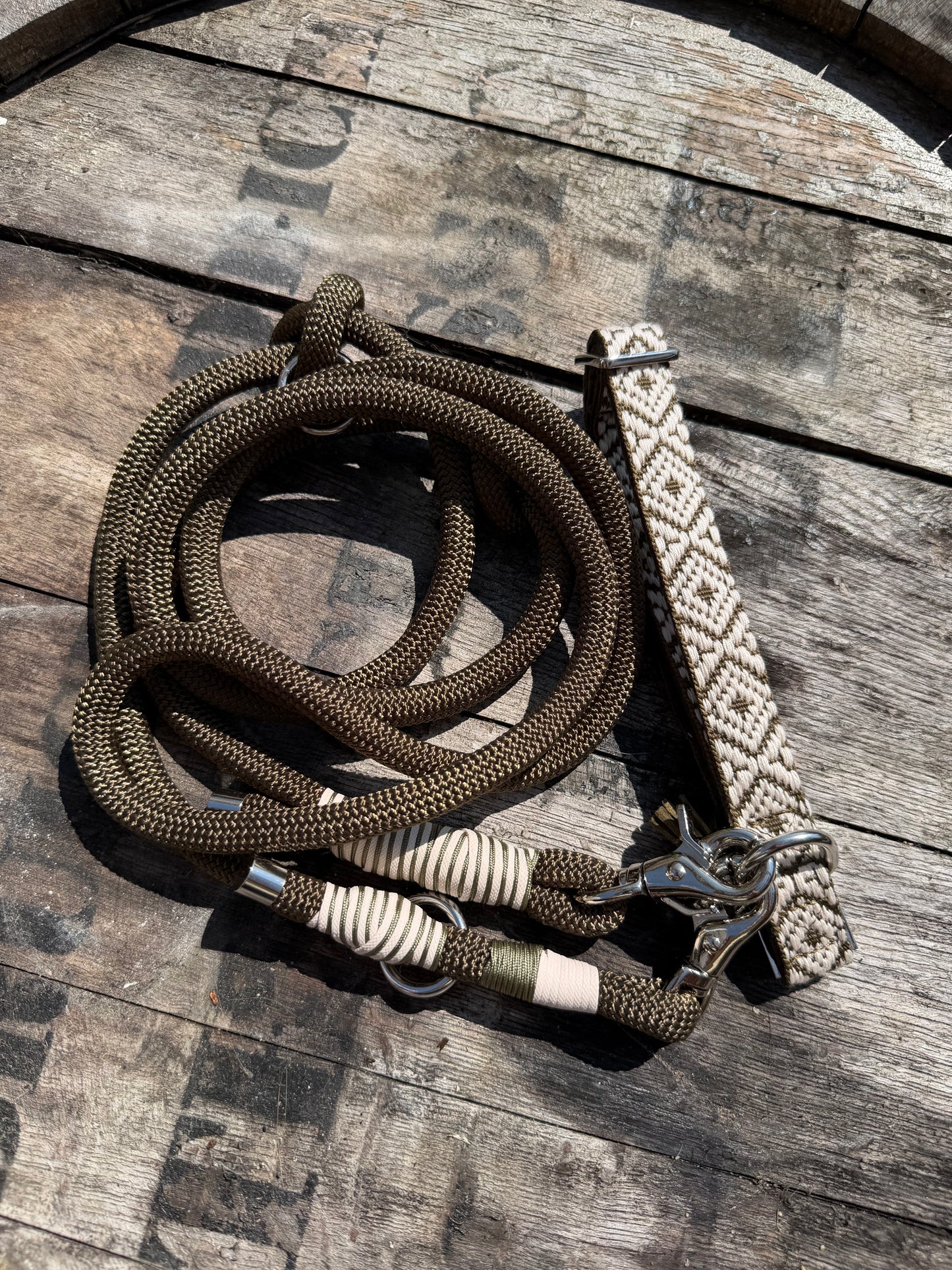 Khaki Jacquard Collar & Multiway Leash Set