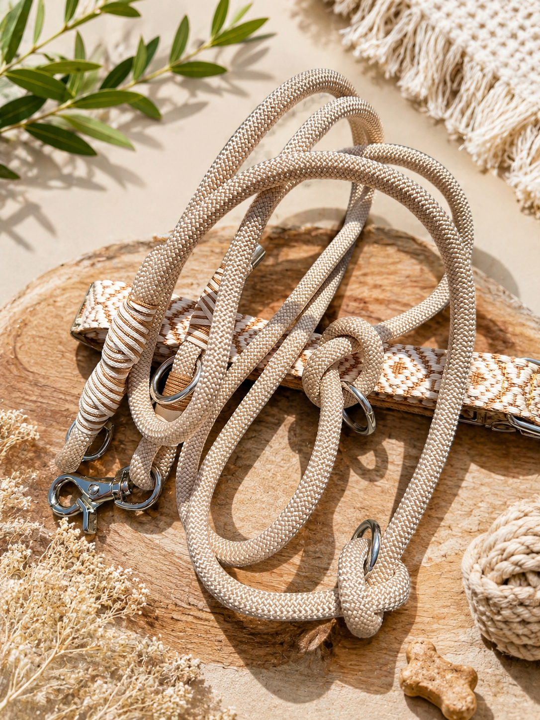 Cream Jacquard Dog Collar & Multiway Leash Set