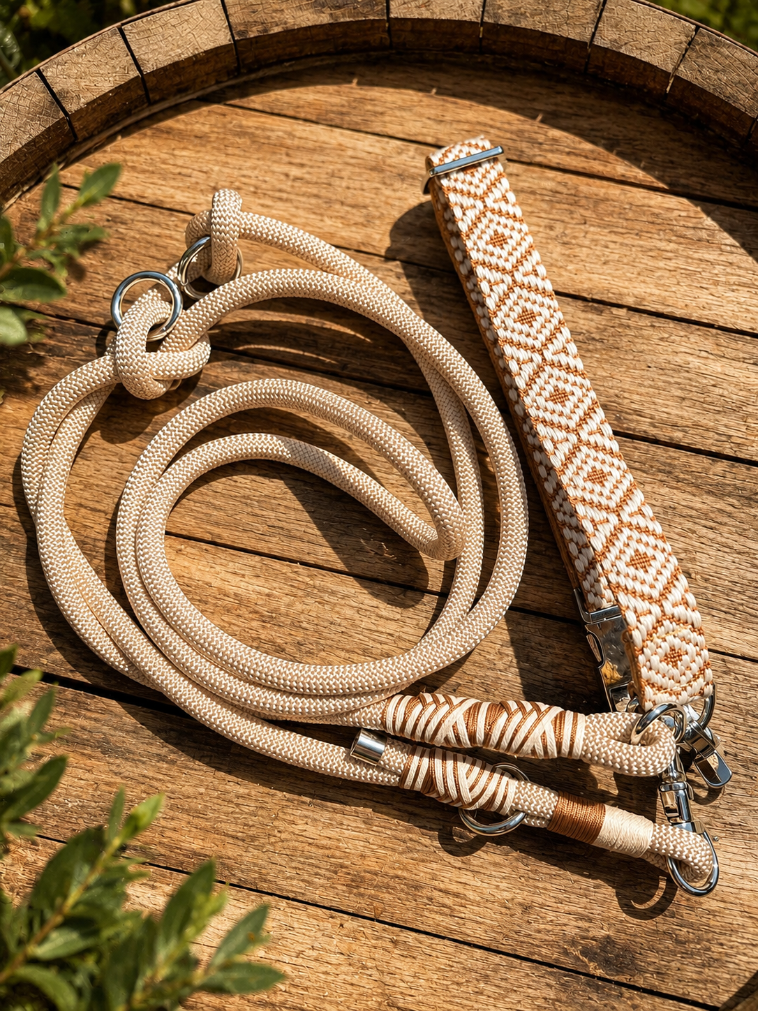 Cream Jacquard Dog Collar & Multiway Leash Set