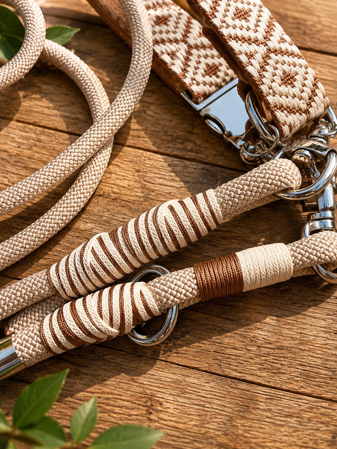 Cream Jacquard Dog Collar & Multiway Leash Set