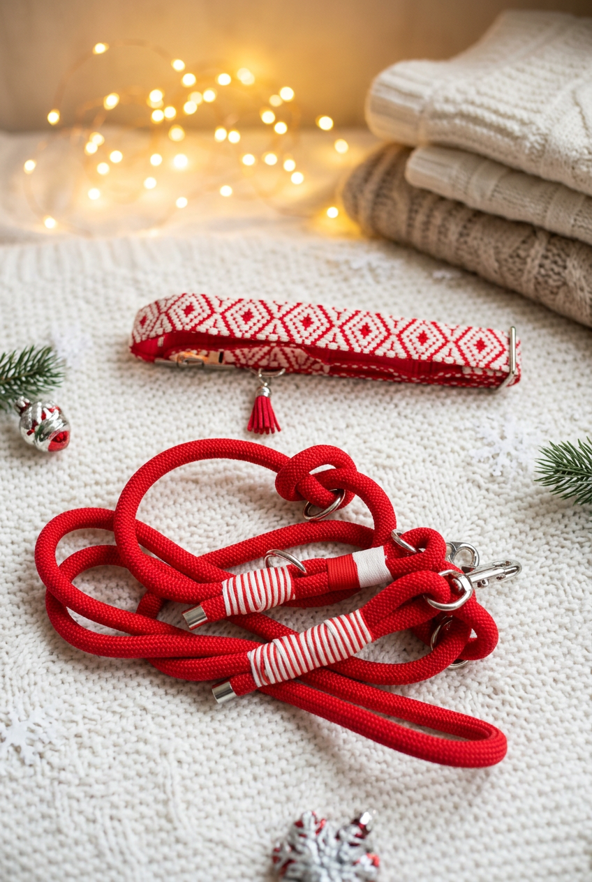 Red Jacquard Dog Collar & Multiway Rope Leash Set