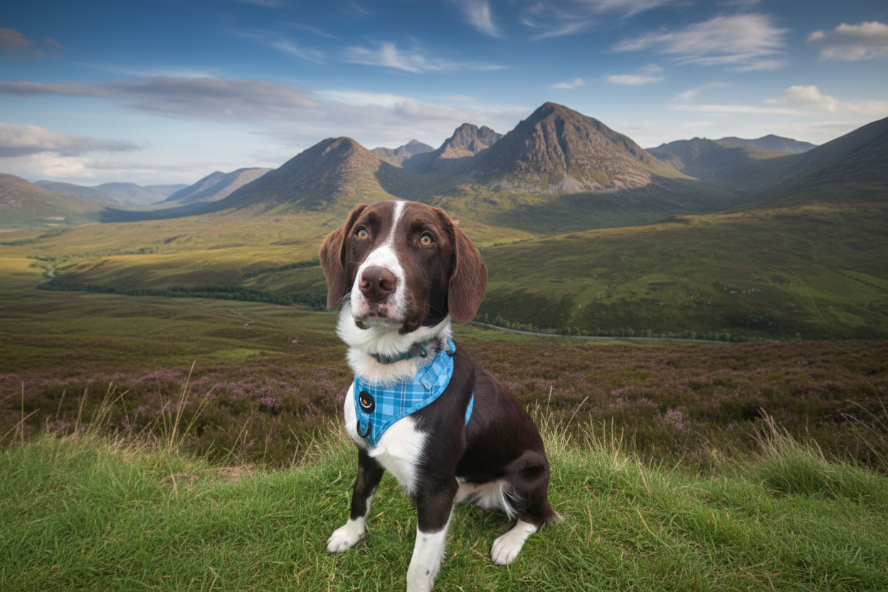 Dog wearing a blue harness on grass with mountains in background