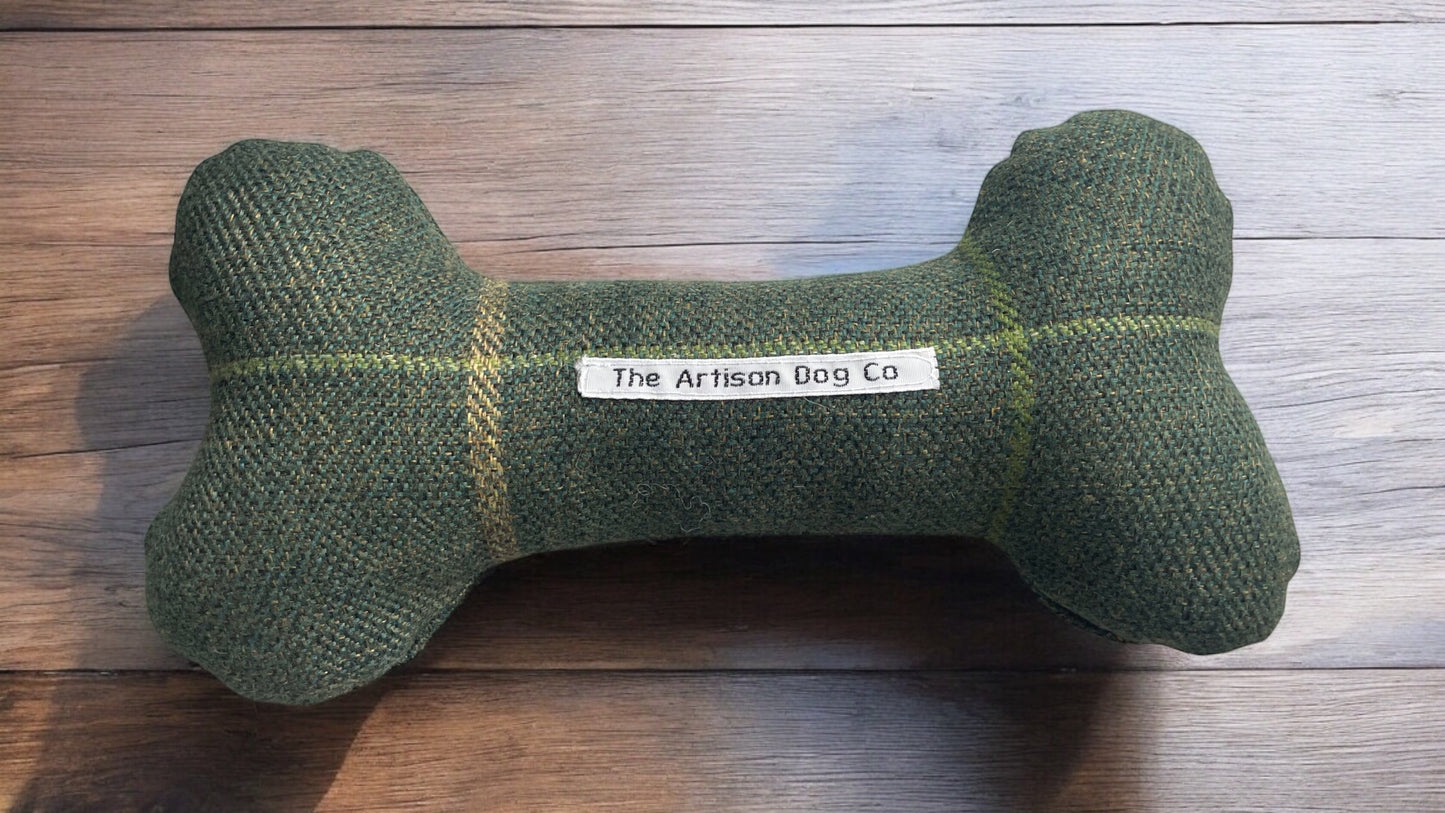 Handcrafted Toy Squeaky Dog Bone - The Arlo Collection - Forest Green Check