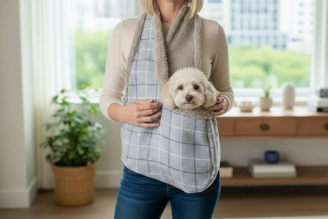 Handcrafted, luxury puppy/small dog carrier/sling - Harris Grey Check - optional personalisation