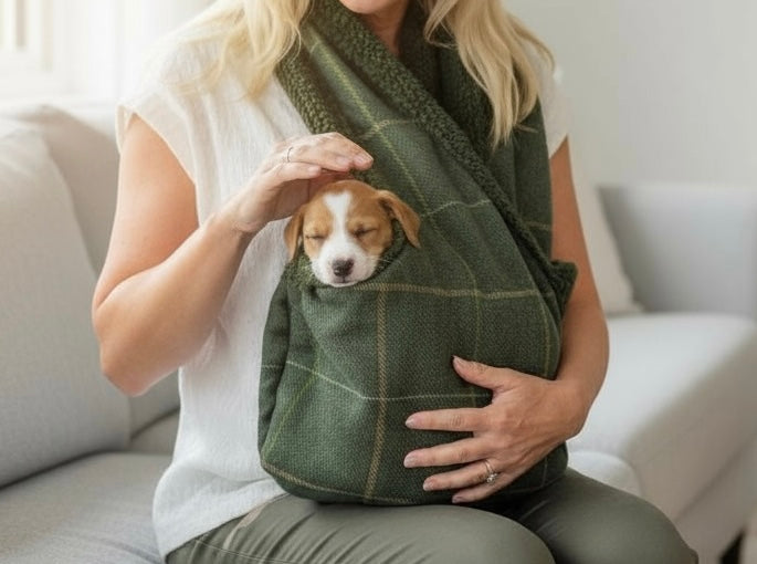 Handcrafted, luxury puppy/small dog carrier/sling - Forest Green Check - The Arlo Collection
