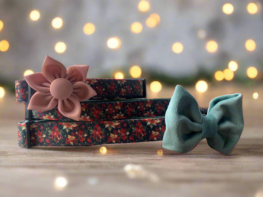 Dog collars in poinsettia design wiht floral and bow attachments