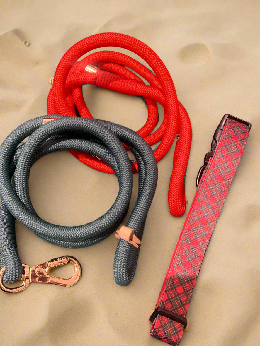 Red, green, blue and black plaid dog collar with red and gray braided dog leashes on a sandy surface
