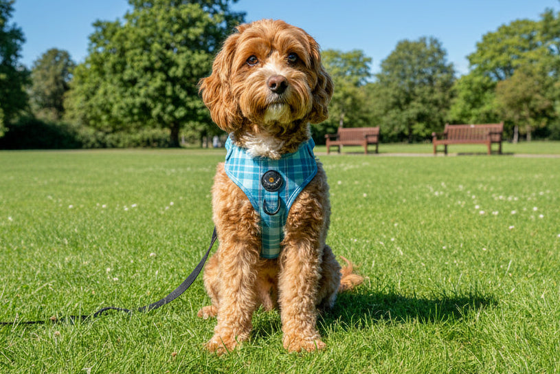 Small dog wearing a blue harness in a sunny park